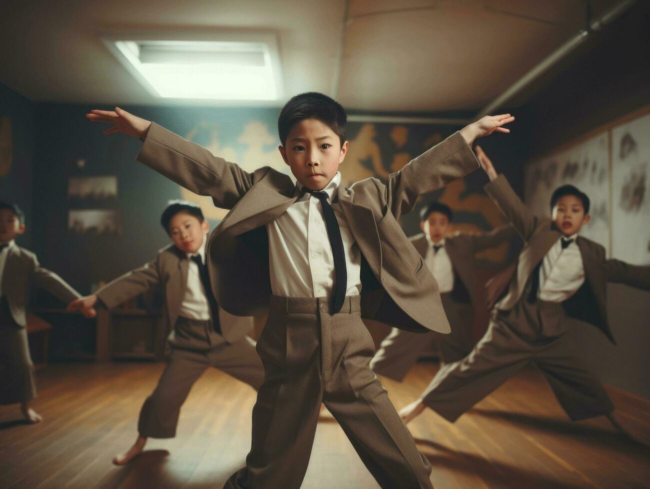 Asian kid in emotional dynamic pose in school AI Generative photo