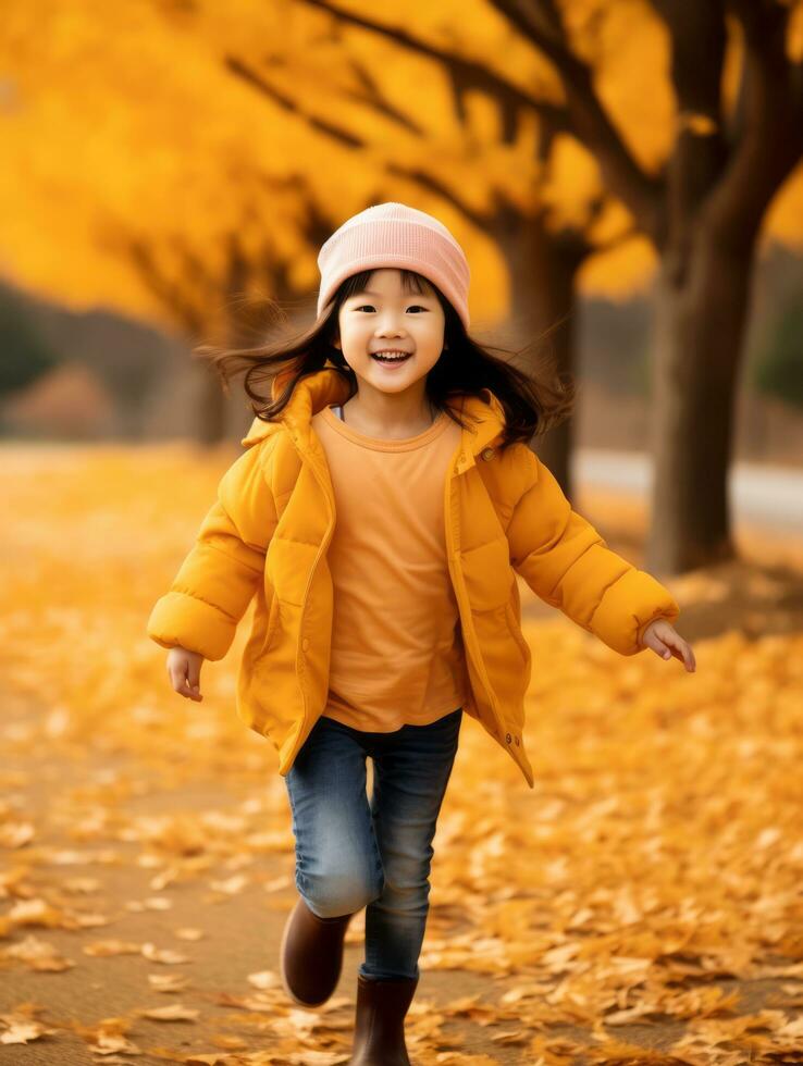 Asian kid in emotional dynamic pose on autumn background AI Generative photo