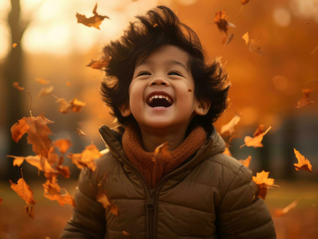 Asian kid in emotional dynamic pose on autumn background AI Generative photo