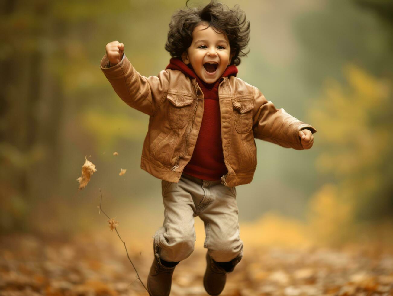 Asian kid in emotional dynamic pose on autumn background AI Generative photo