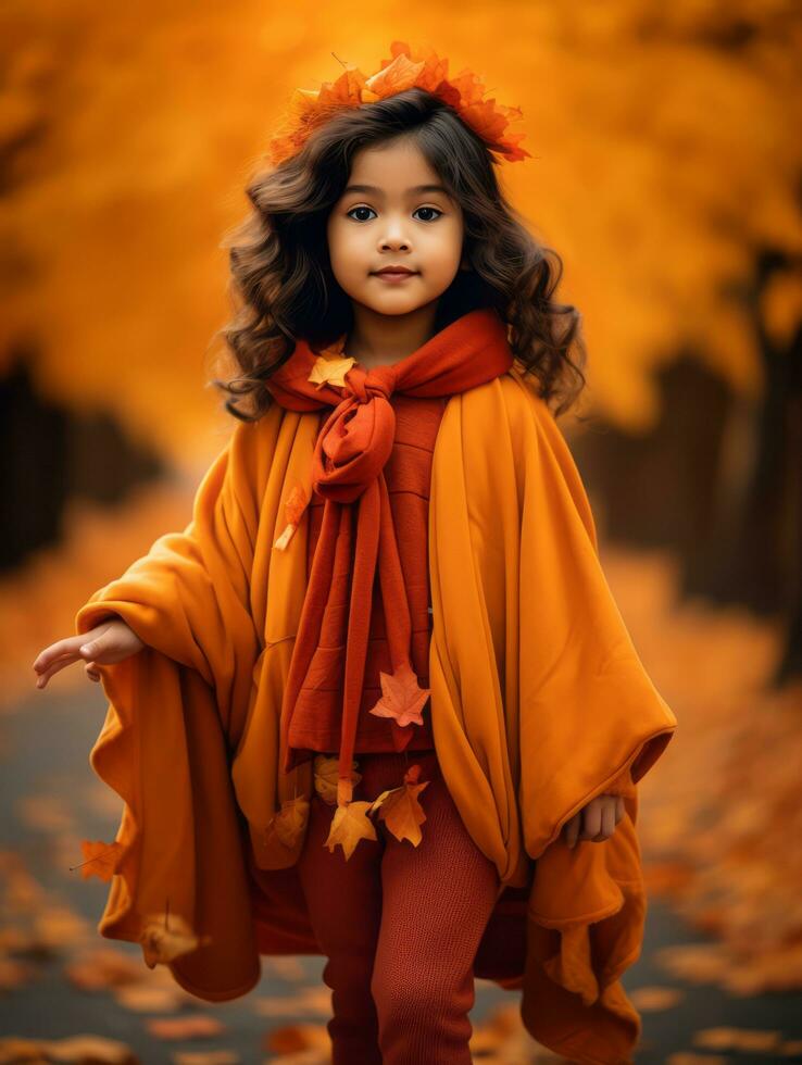 Asian kid in emotional dynamic pose on autumn background AI Generative photo