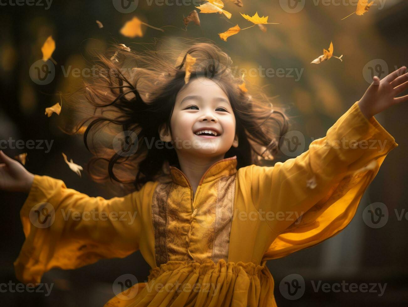 Asian kid in emotional dynamic pose on autumn background AI Generative photo
