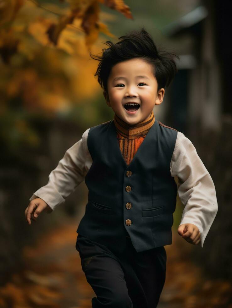 asiático niño en emocional dinámica actitud en otoño antecedentes ai generativo foto