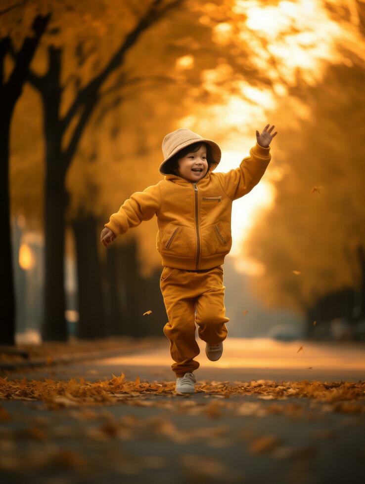 asiático niño en emocional dinámica actitud en otoño antecedentes ai generativo foto