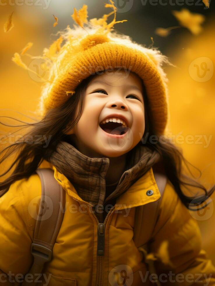 Asian kid in emotional dynamic pose on autumn background AI Generative photo