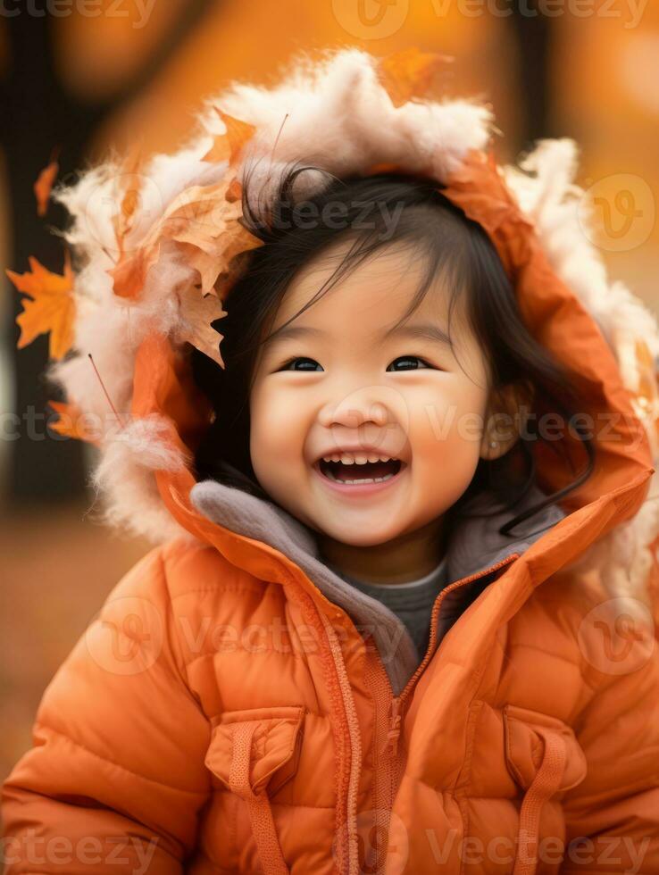 Asian kid in emotional dynamic pose on autumn background AI Generative photo