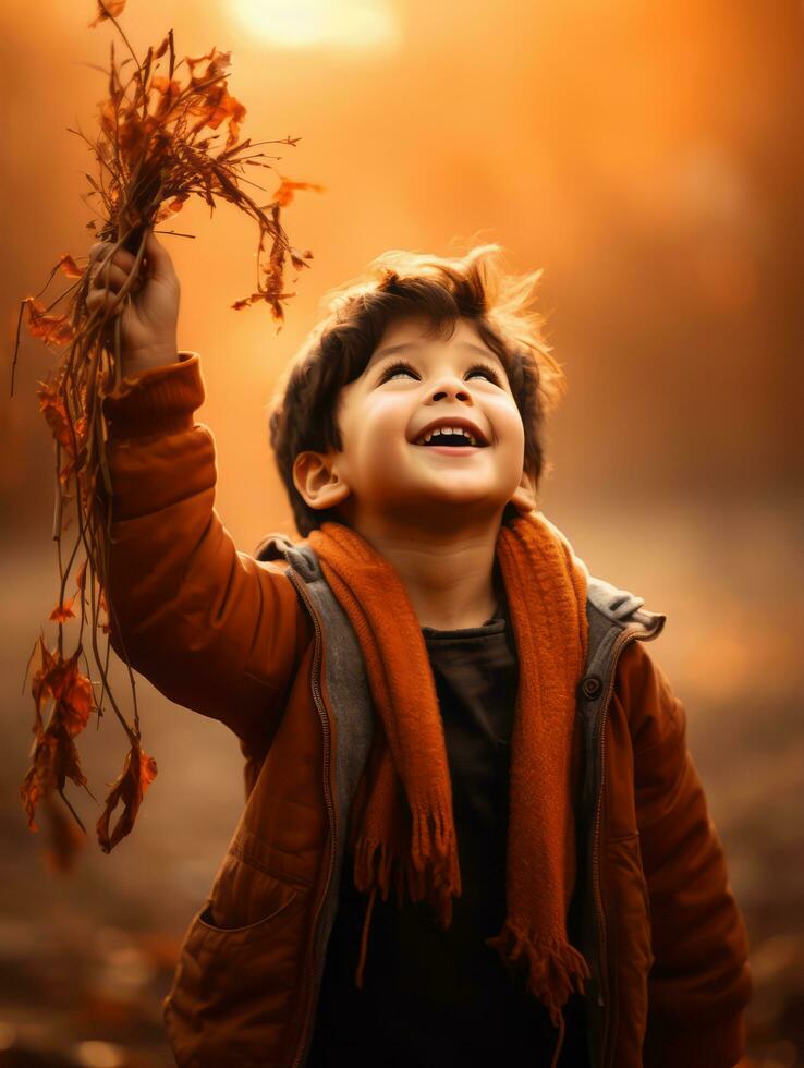 asiático niño en emocional dinámica actitud en otoño antecedentes ai generativo foto