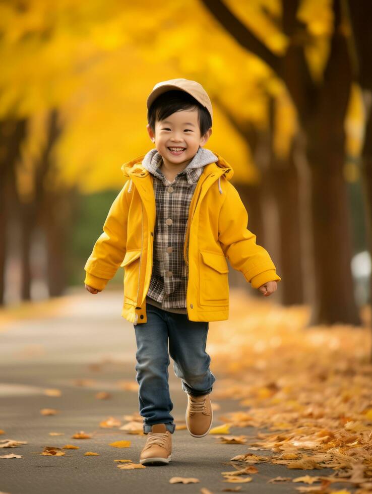 Asian kid in emotional dynamic pose on autumn background AI Generative photo