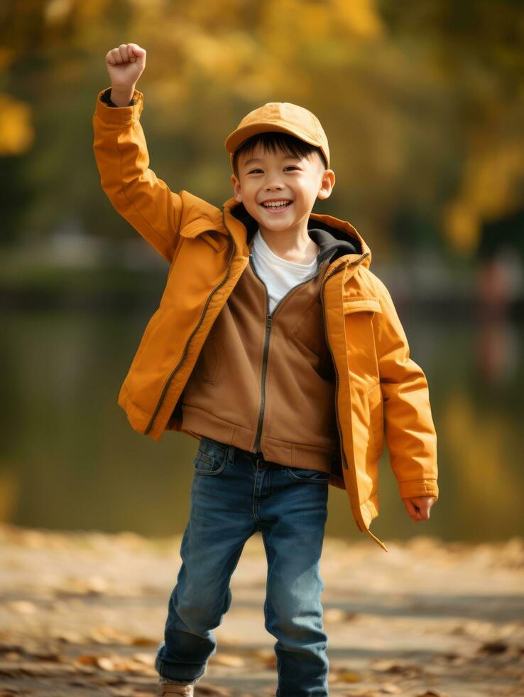 Asian kid in emotional dynamic pose on autumn background AI Generative photo