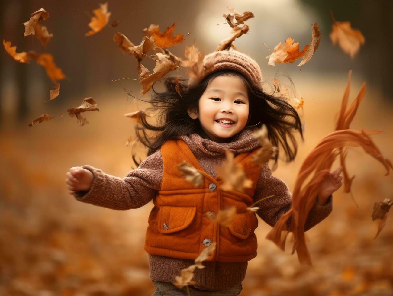 asiático niño en emocional dinámica actitud en otoño antecedentes ai generativo foto