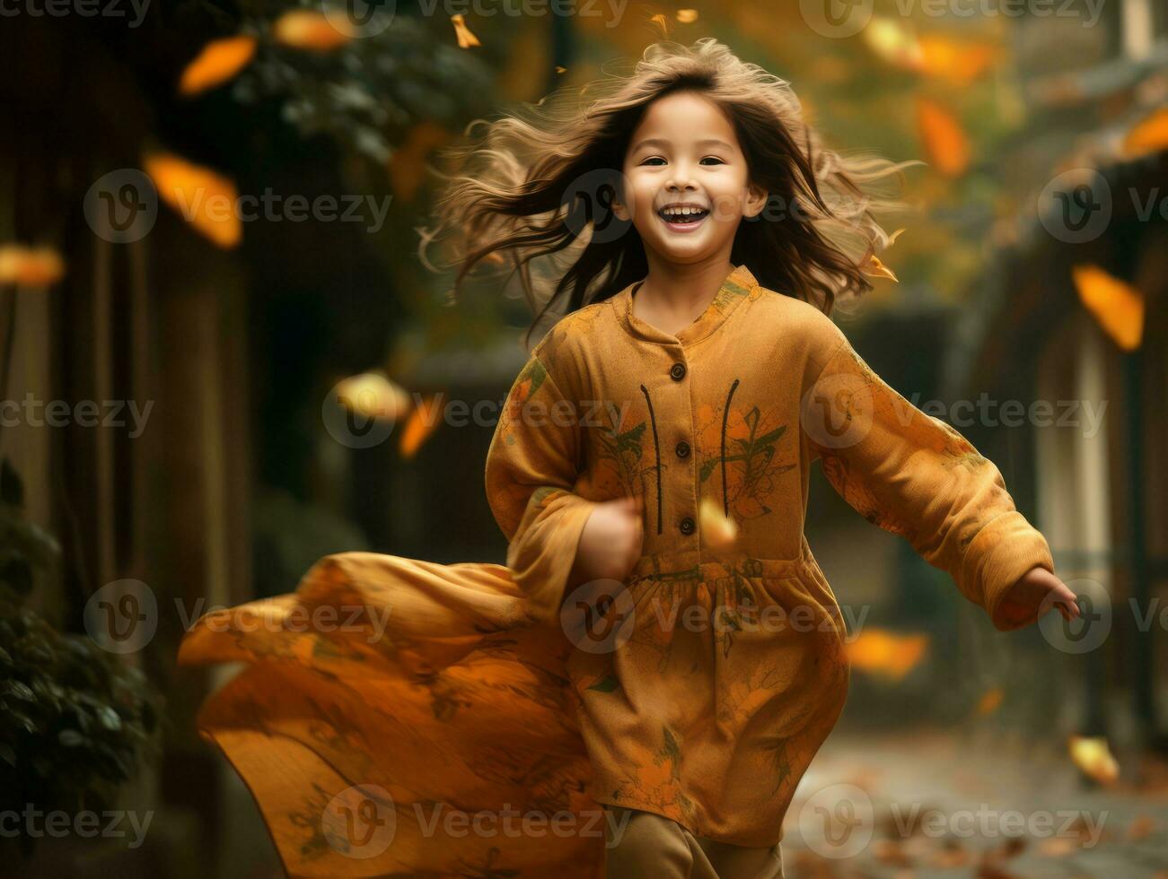 Asian kid in emotional dynamic pose on autumn background AI Generative photo