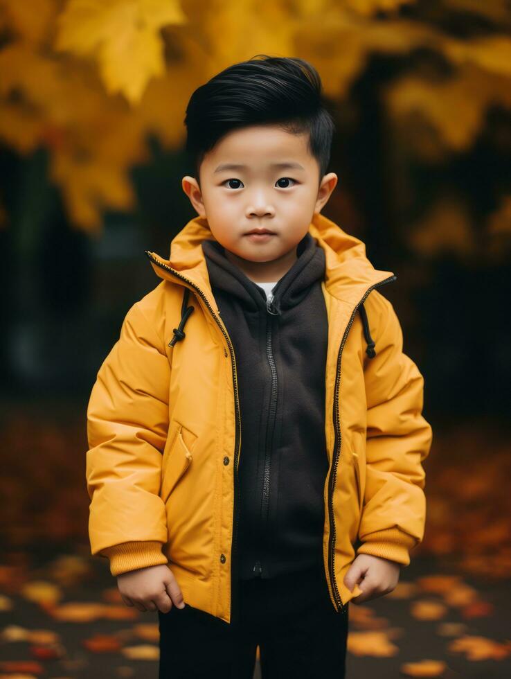 Asian kid in emotional dynamic pose on autumn background AI Generative photo