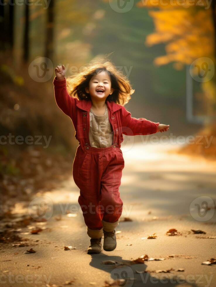 Asian kid in emotional dynamic pose on autumn background AI Generative photo