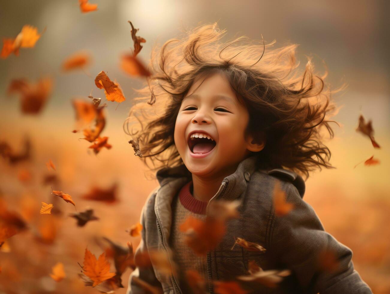 Asian kid in emotional dynamic pose on autumn background AI Generative photo