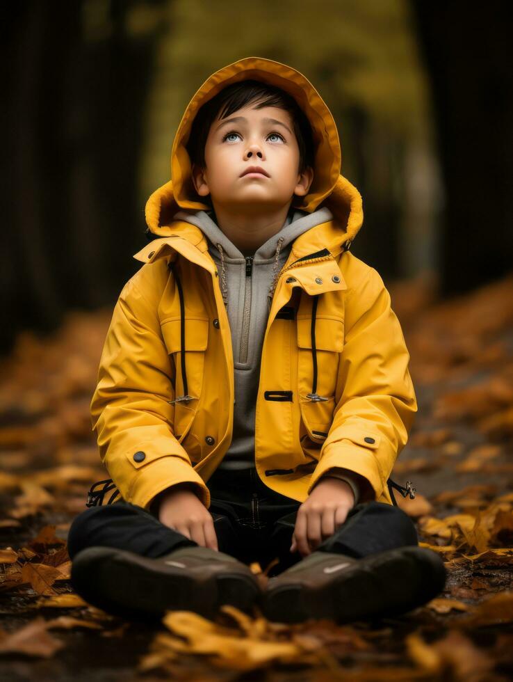 Asian kid in emotional dynamic pose on autumn background AI Generative photo