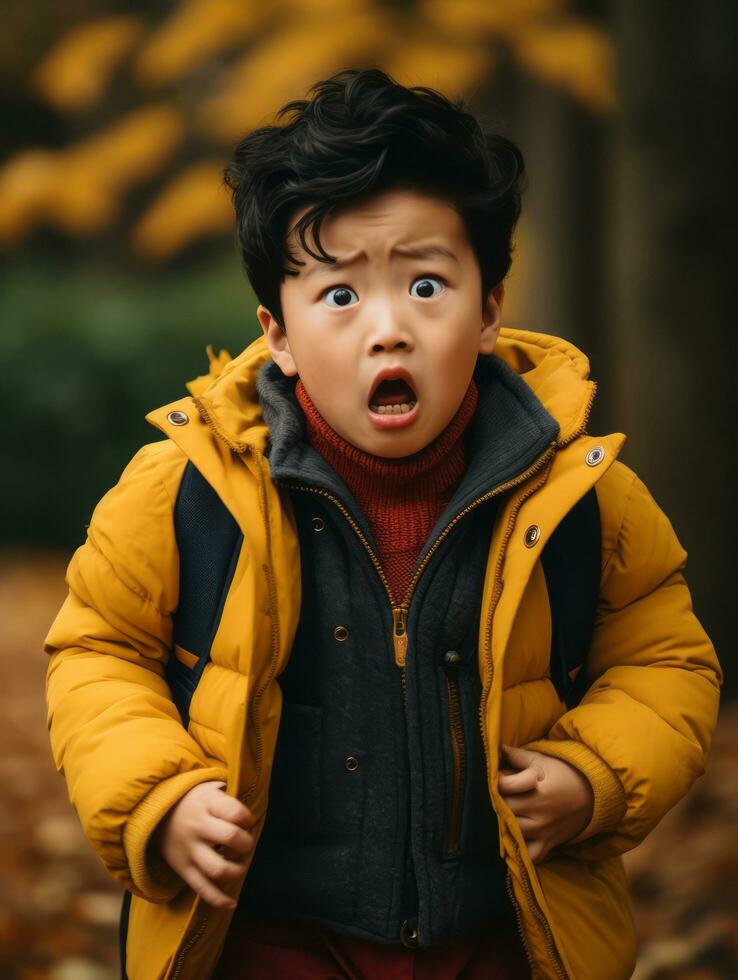 asiático niño en emocional dinámica actitud en otoño antecedentes ai generativo foto