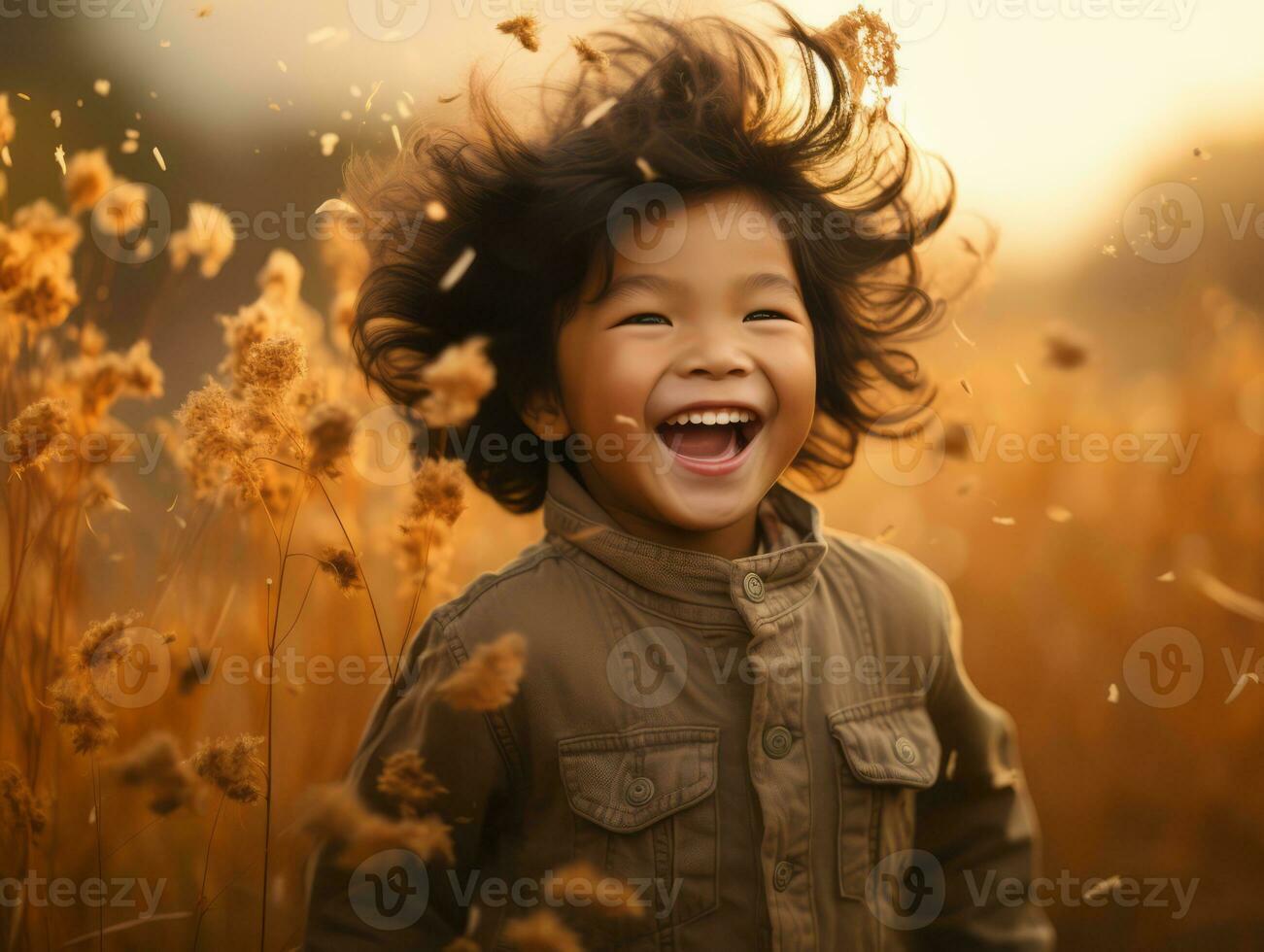 Asian kid in emotional dynamic pose on autumn background AI Generative photo