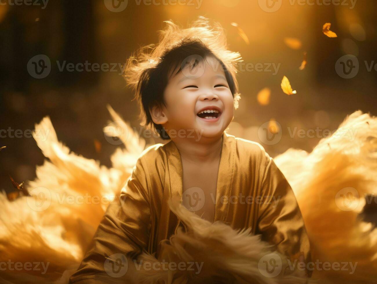 Asian kid in emotional dynamic pose on autumn background AI Generative photo