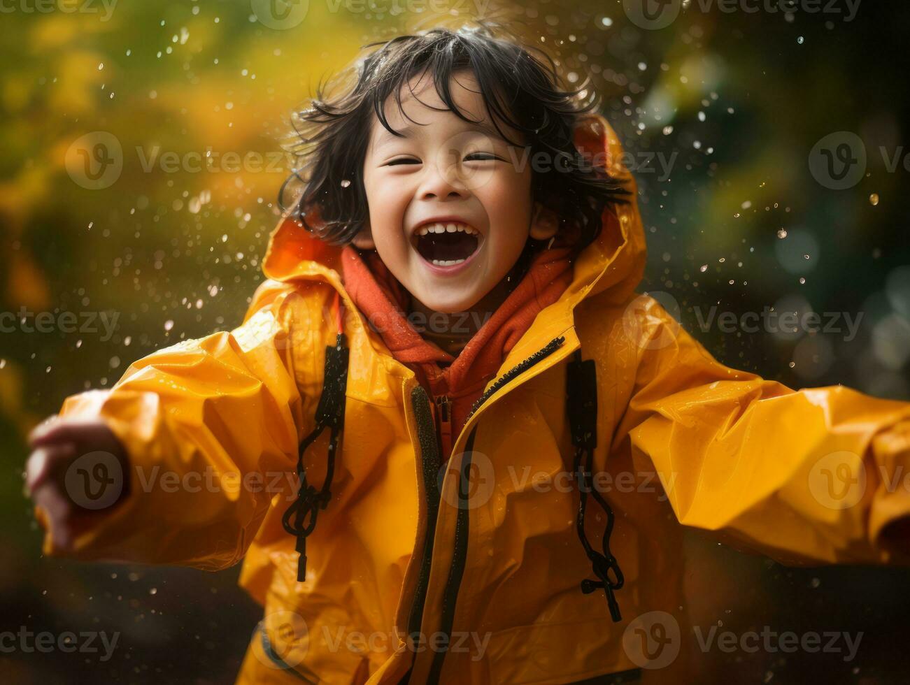 Asian kid in emotional dynamic pose on autumn background AI Generative photo