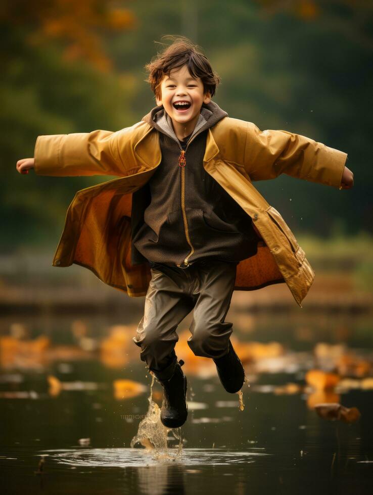 Asian kid in emotional dynamic pose on autumn background AI Generative photo