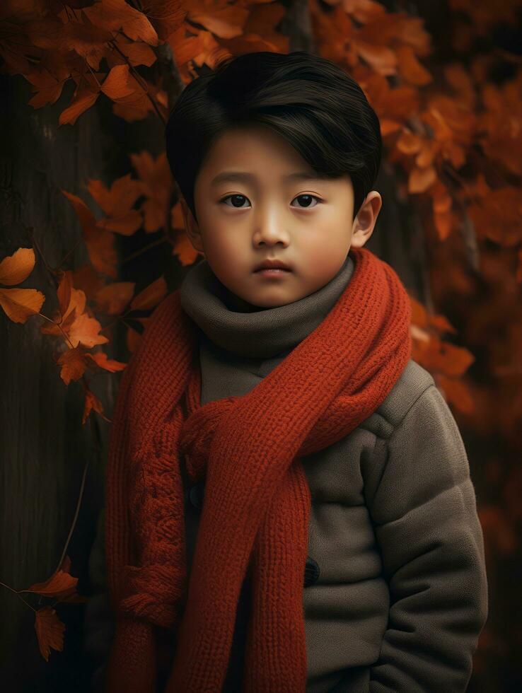 asiático niño en emocional dinámica actitud en otoño antecedentes ai generativo foto