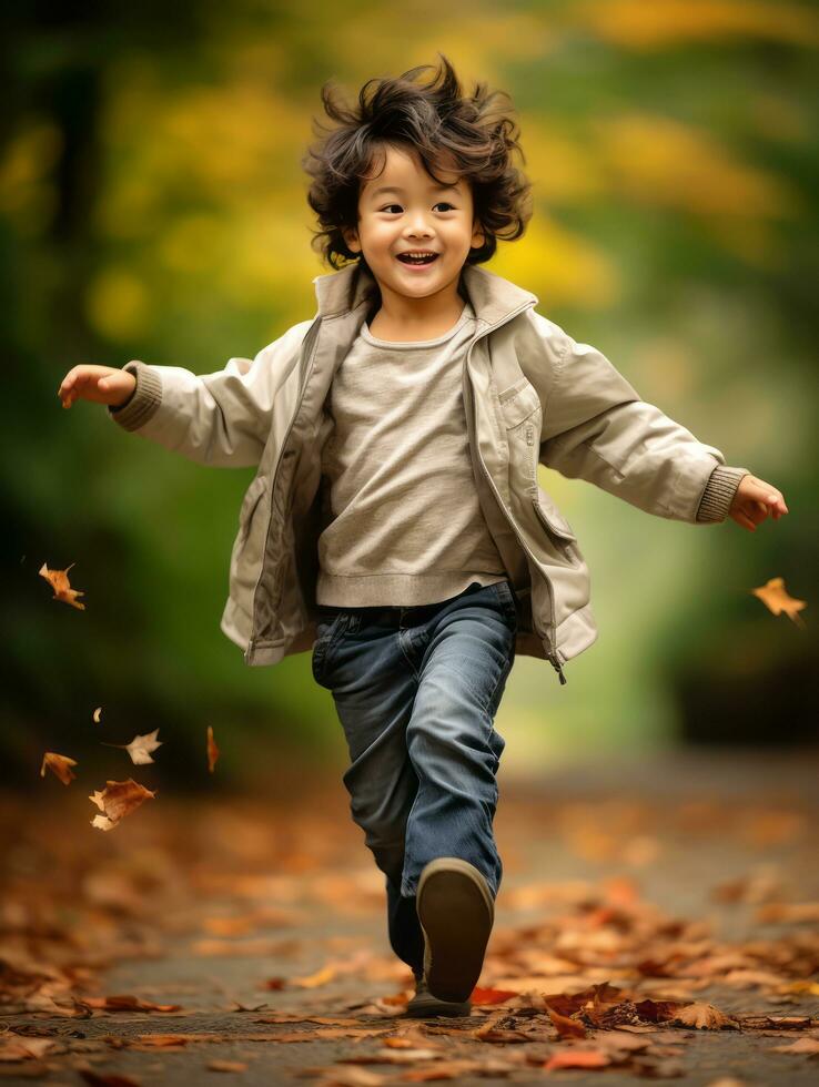 asiático niño en emocional dinámica actitud en otoño antecedentes ai generativo foto