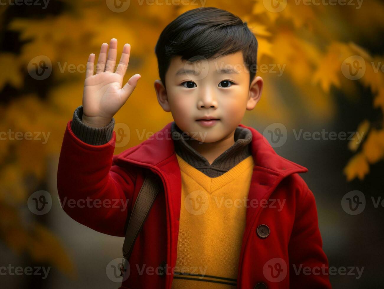 Asian kid in emotional dynamic pose on autumn background AI Generative photo