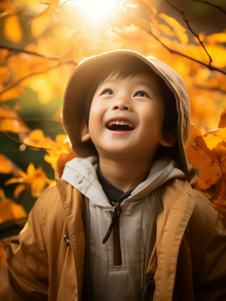 Asian kid in emotional dynamic pose on autumn background AI Generative photo