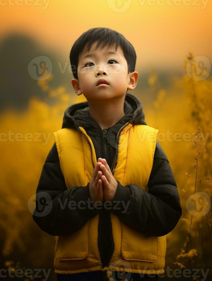 Asian kid in emotional dynamic pose on autumn background AI Generative photo
