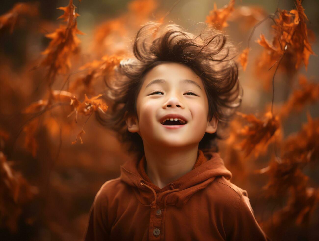 Asian kid in emotional dynamic pose on autumn background AI Generative photo