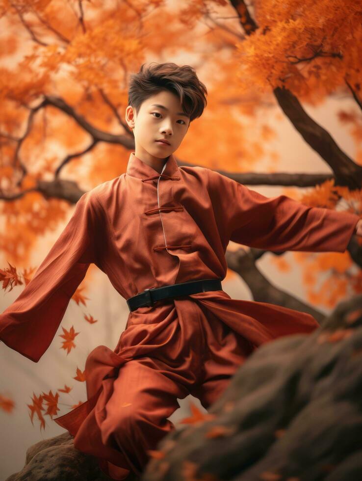 Asian kid in emotional dynamic pose on autumn background AI Generative photo