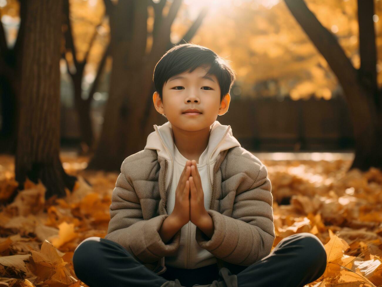 asiático niño en emocional dinámica actitud en otoño antecedentes ai generativo foto