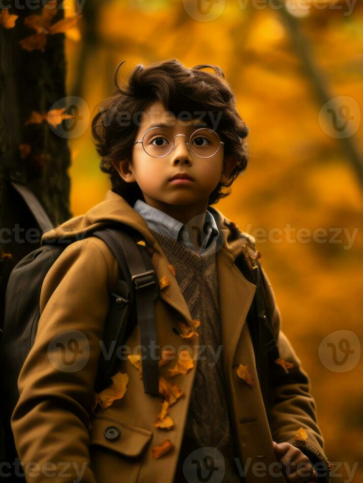 Asian kid in emotional dynamic pose on autumn background AI Generative photo