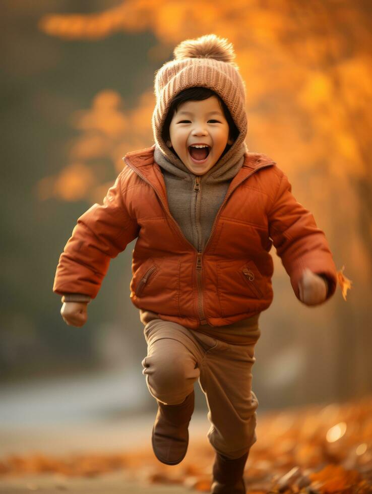 Asian kid in emotional dynamic pose on autumn background AI Generative photo