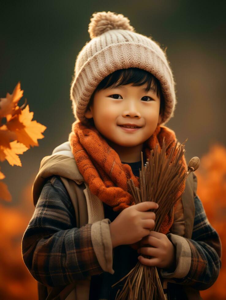 asiático niño en emocional dinámica actitud en otoño antecedentes ai generativo foto