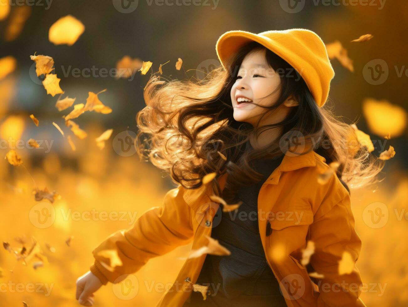 Asian kid in emotional dynamic pose on autumn background AI Generative photo