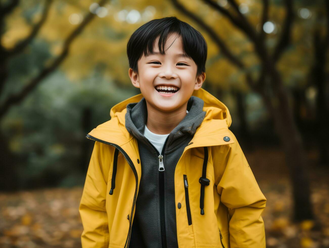 asiático niño en emocional dinámica actitud en otoño antecedentes ai generativo foto