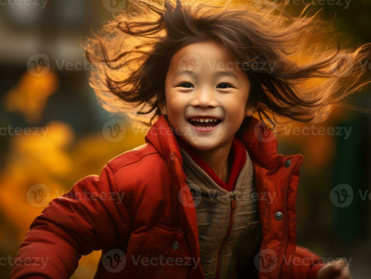 Asian kid in emotional dynamic pose on autumn background AI Generative photo