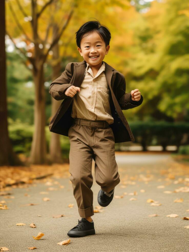 asiático niño en emocional dinámica actitud en otoño antecedentes ai generativo foto