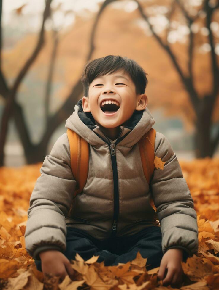 Asian kid in emotional dynamic pose on autumn background AI Generative photo