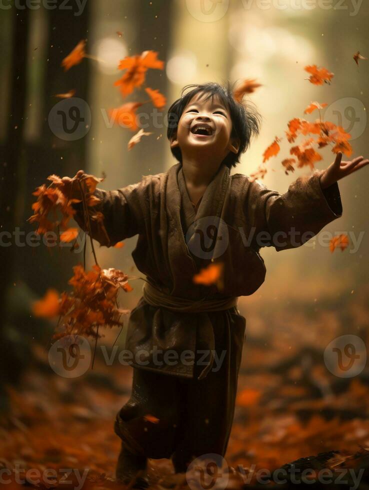 Asian kid in emotional dynamic pose on autumn background AI Generative photo