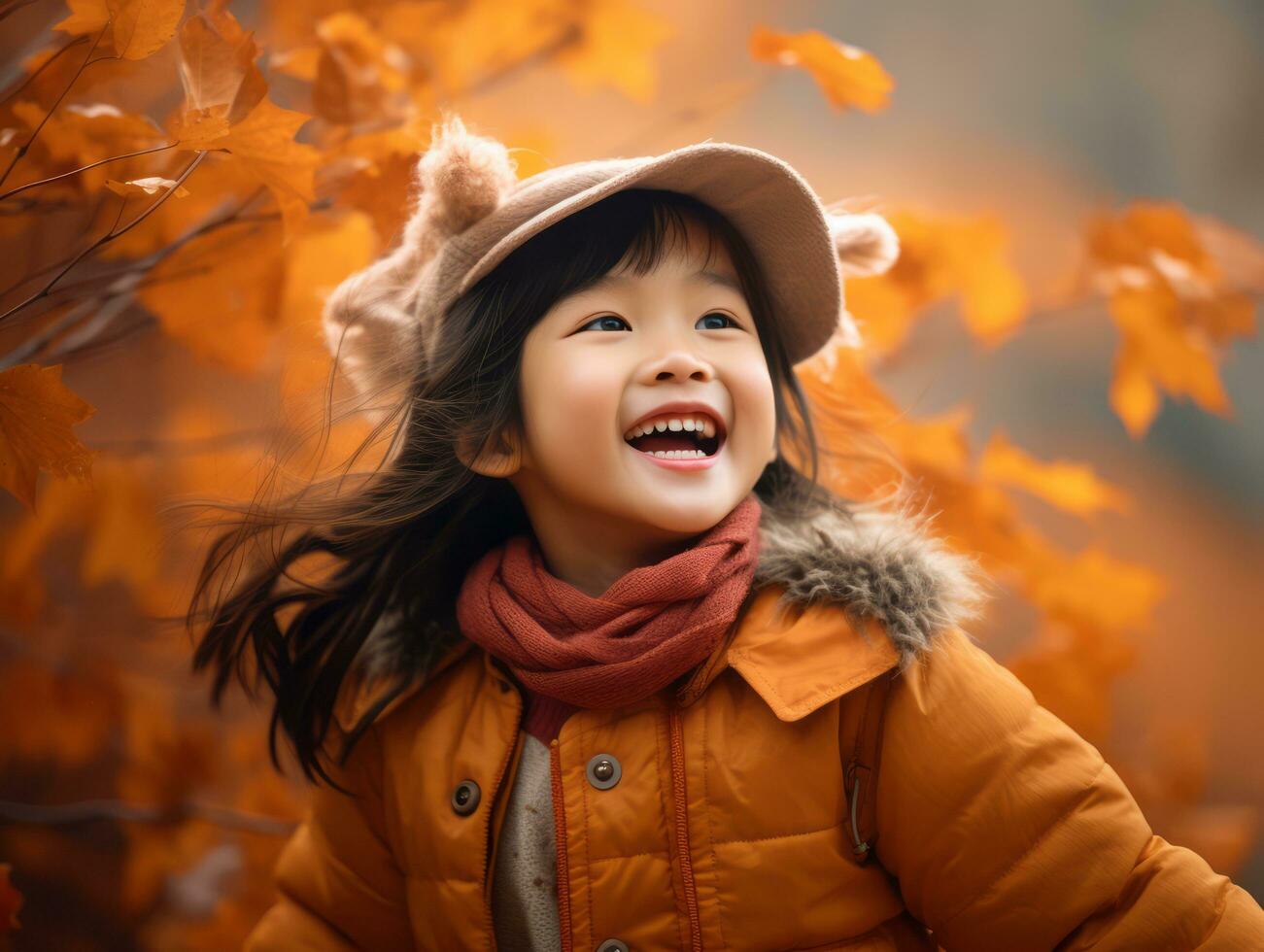 asiático niño en emocional dinámica actitud en otoño antecedentes ai generativo foto