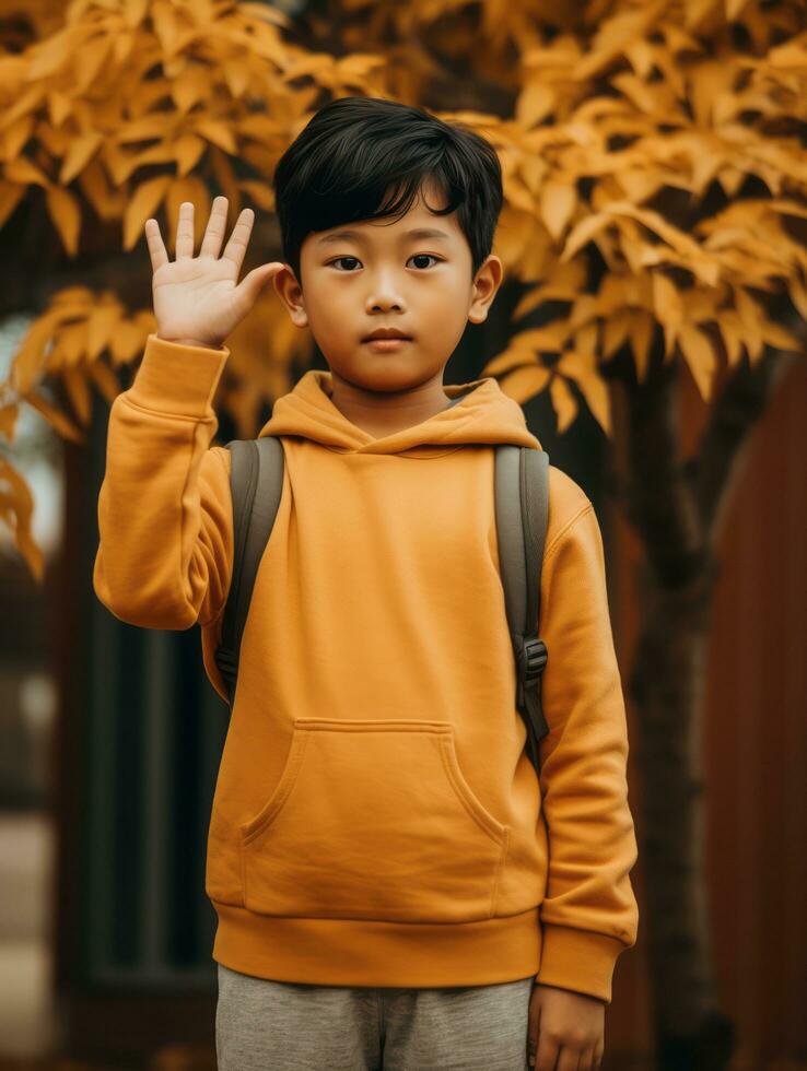 Asian kid in emotional dynamic pose on autumn background AI Generative photo