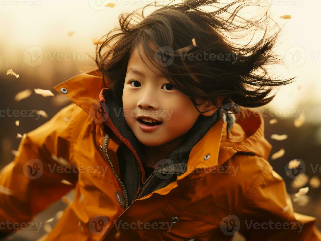 Asian kid in emotional dynamic pose on autumn background AI Generative photo