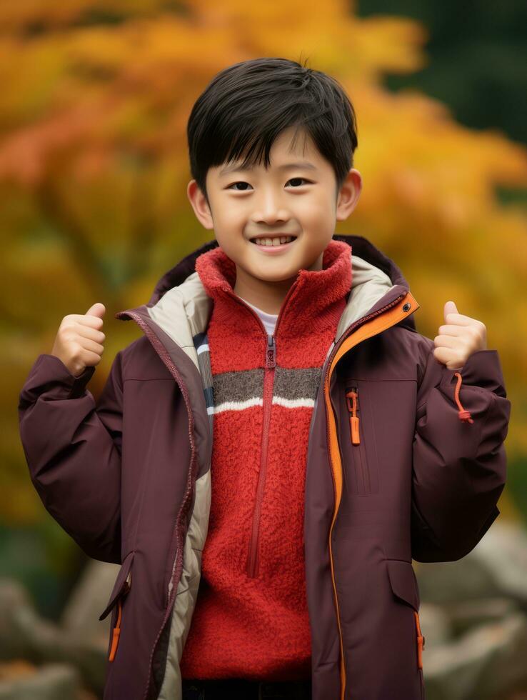 Asian kid in emotional dynamic pose on autumn background AI Generative photo