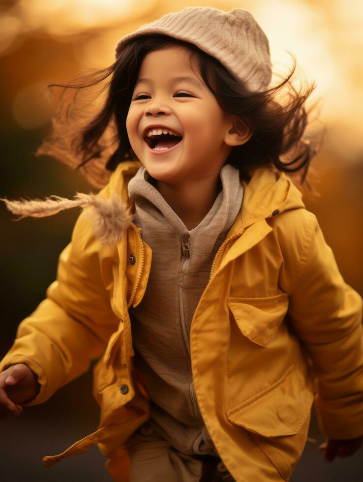 asiático niño en emocional dinámica actitud en otoño antecedentes ai generativo foto