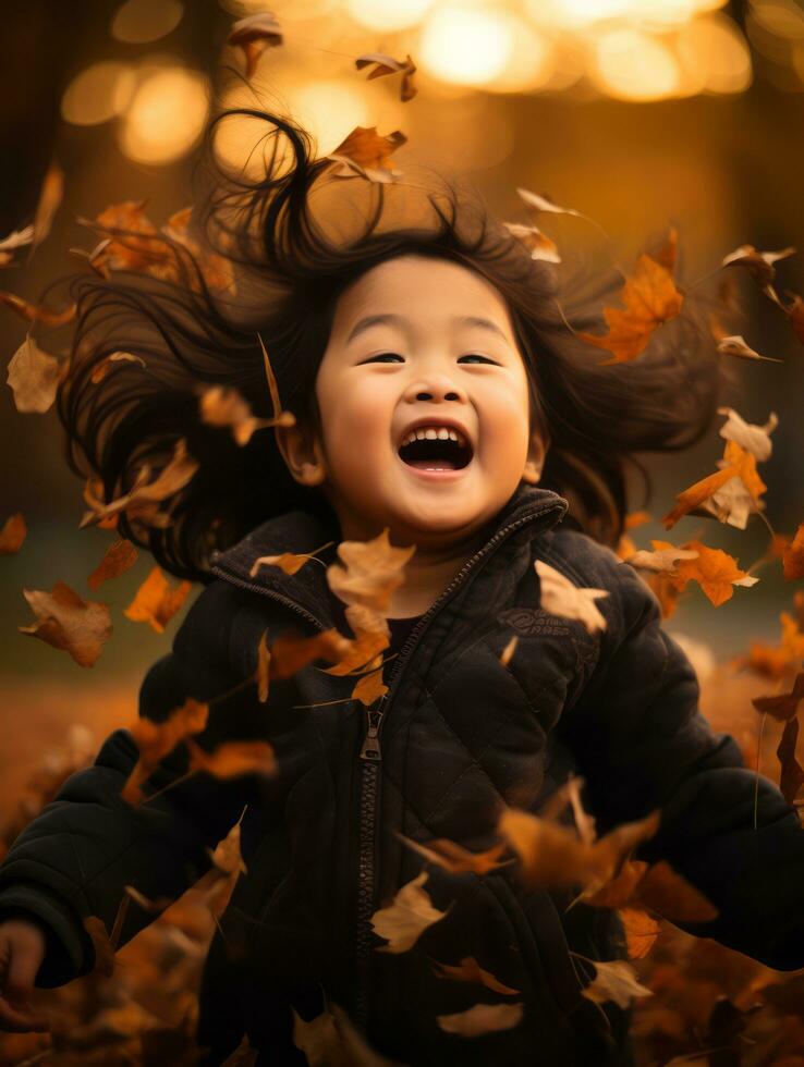 Asian kid in emotional dynamic pose on autumn background AI Generative photo