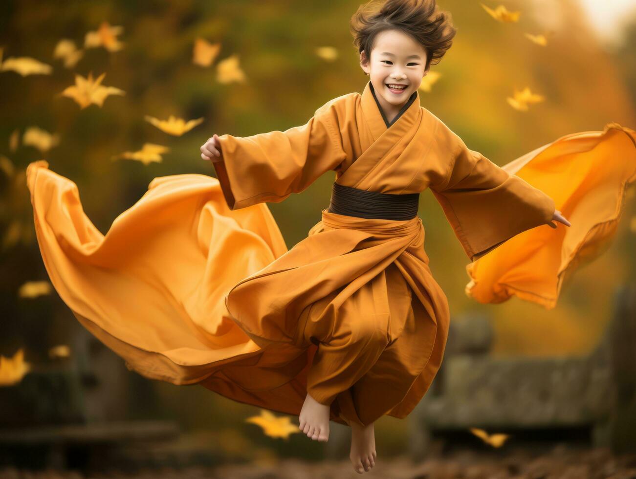 Asian kid in emotional dynamic pose on autumn background AI Generative photo