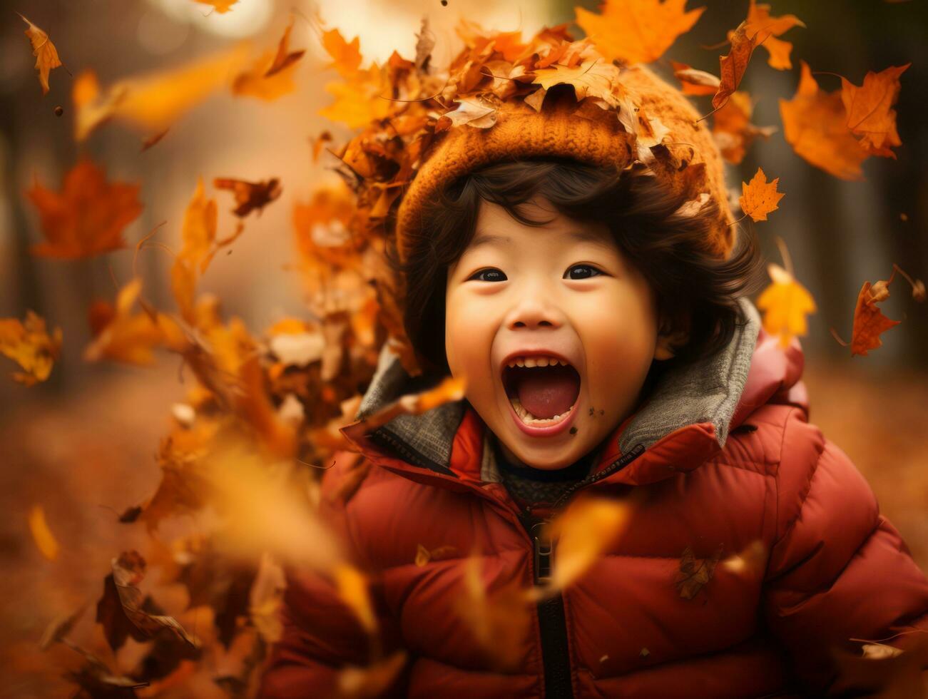 Asian kid in emotional dynamic pose on autumn background AI Generative photo