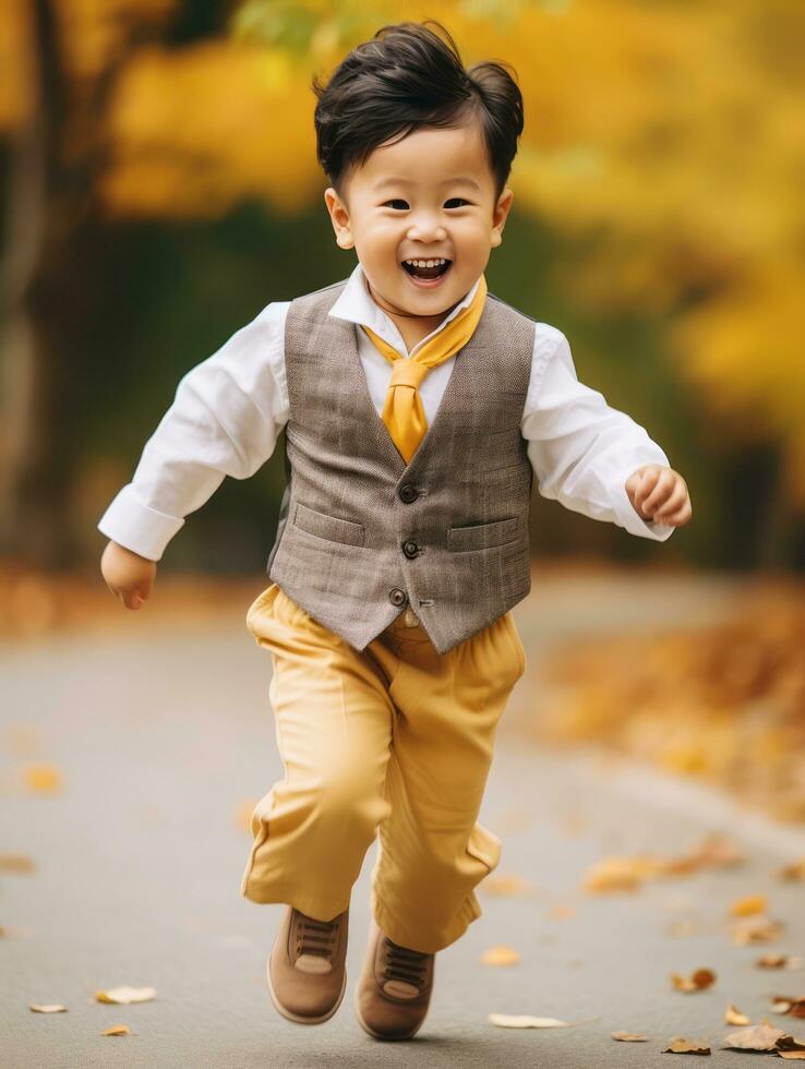 Asian kid in emotional dynamic pose on autumn background AI Generative photo